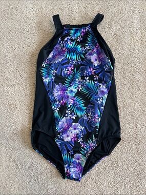 Lands' End Black One-Piece Swimsuit with Purple & Teal Floral Print Size 8